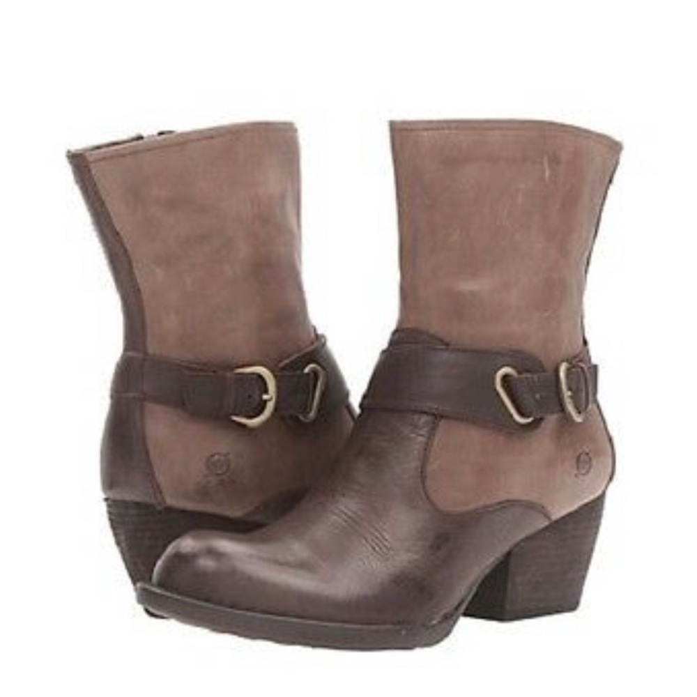 Born Nevica Premium Leather Boots in Espresso/Antilope TwoTone Block Heel Bootie